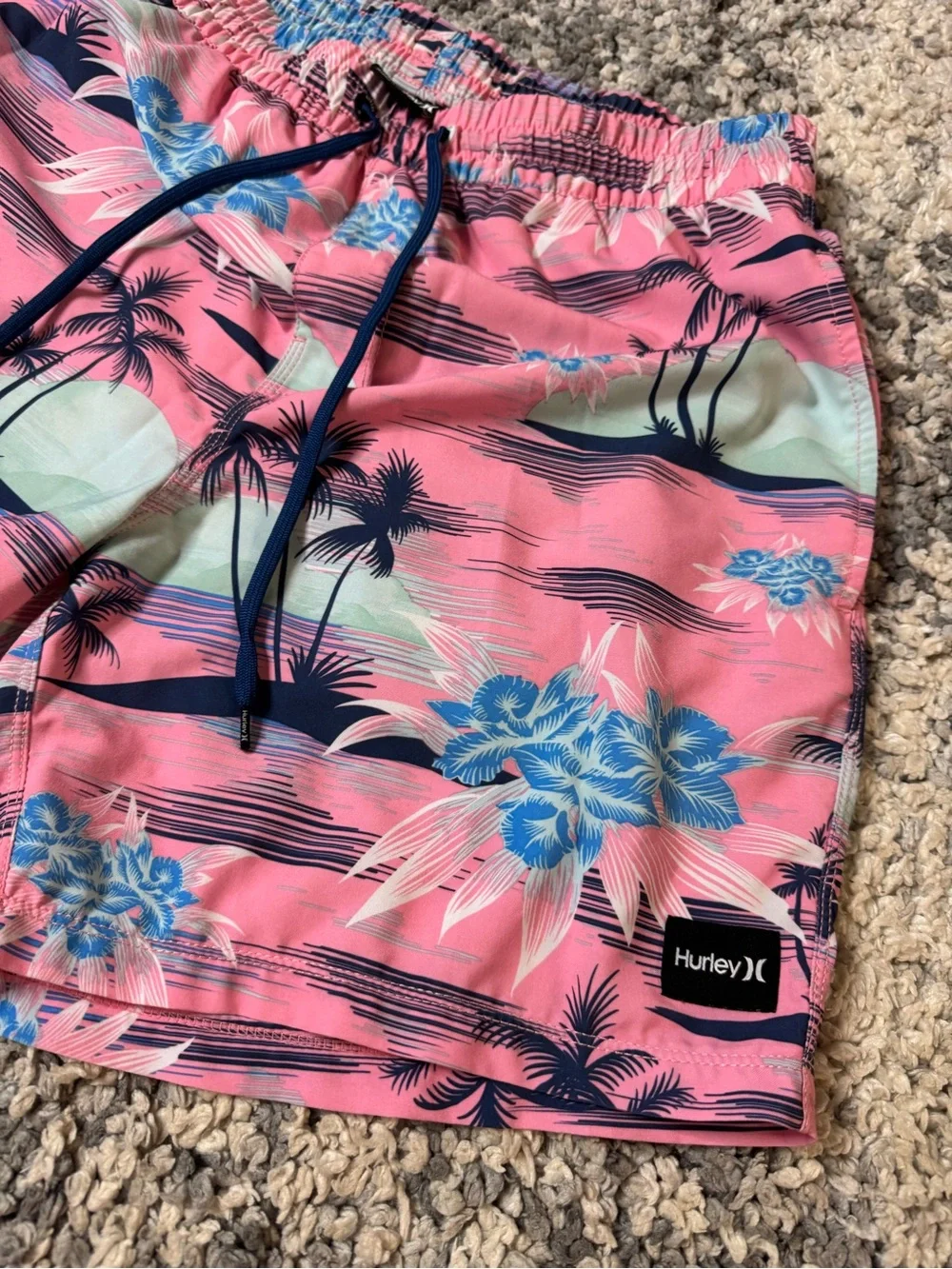 Hurley, Men’s Pink and Blue Tropical Floral Palm Tree Print Swim Shorts, Medium